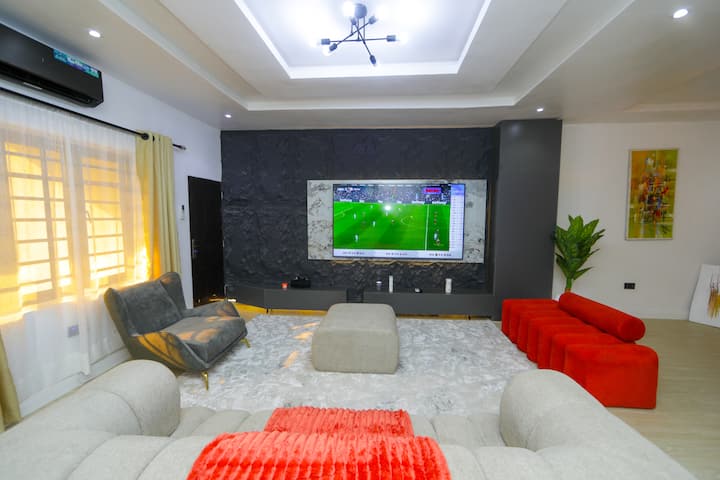 Living room front view with TV wall