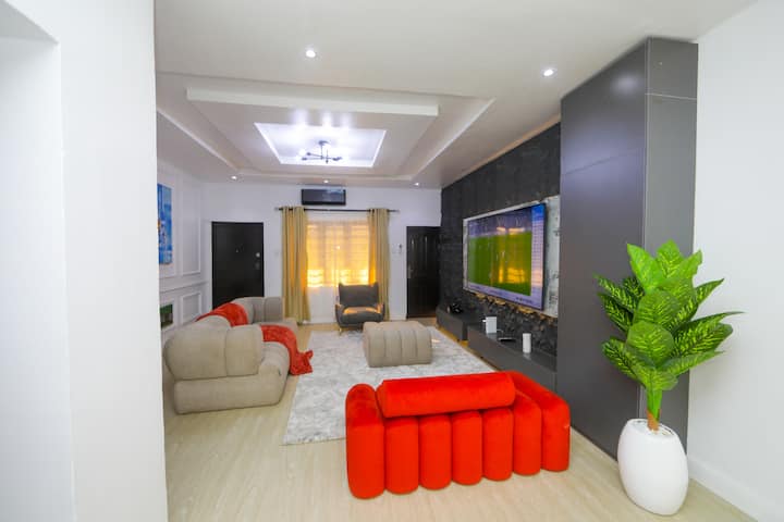 Comfortable sofa with abstract artwork